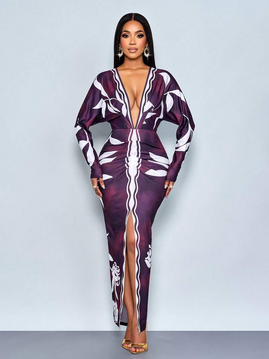 SOLERSUN Vestido largo elegante de mujer con estampado floral de cintura alta, manga larga, escote en V profundo y elegante para otoño - Morado - Ver 1