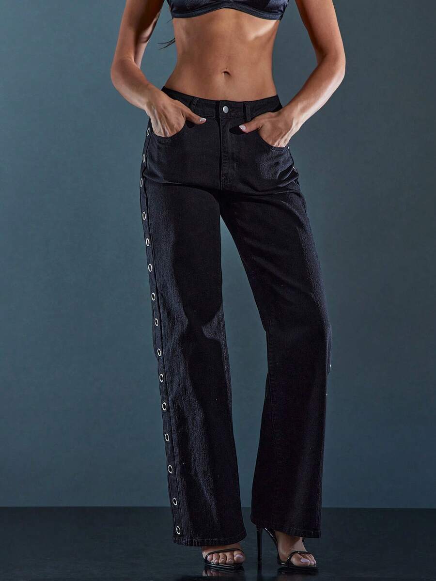 Denimoi Jeans décontractés coupe ample pour femmes avec poches latérales et décoration d'œillets - Noir - Voir 1