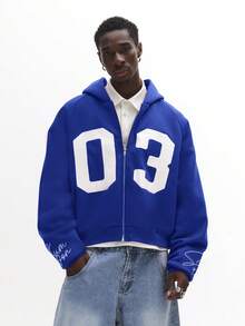 SUMWON Varsity Style Zip-Up Hoodie With Number 03 Print And Script Embroidery For Casual Streetwear - Royal Blue - View 3