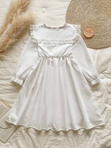 SHEIN Vintaside Kids 女童优雅白色长袖连衣裙，花卉刺绣领口，合身廓形展现甜美优雅，适合外出、休闲穿着和派对 - 白色 - 查看 2