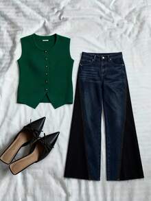 Maija Top de Tricô Feminina com Decote Redondo e Sem Mangas, com Decoração de Botão Metálico, Suéter Básico para Uso Urbano, Casual Business, Uso no Escritório, Elegante para Festa de Natal, Confraternização de Ano Novo