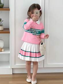 SHEIN Baby Girls Colorful Print Design Long Sleeve Polo Shirt And Pleated Stripe Hem Skirt Preppy Style Set, Fall/Winter