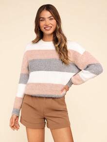 Coeurva Runder Drop Shoulder Drop Shoulder Pullover mit Farbblock Patches - Altrosa - Übersicht 6