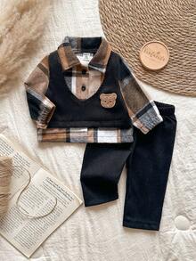 SHEIN 2件套男婴棕色格子灯芯绒二合一套装和黑色灯芯绒裤子 - 彩色 - 查看 1