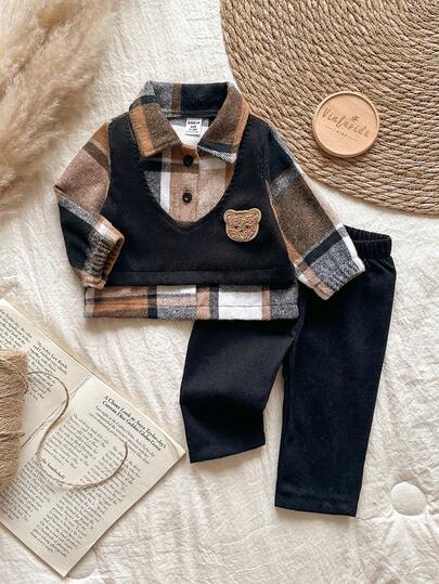 SHEIN 2pcs Baby Boy Brown Plaid Corduroy 2 In 1 Set And Black Corduroy Pants