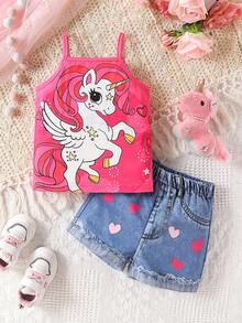 SHEIN Baby Girl Summer Casual Unicorn Printed Tank Top And  Heart Print Shorts Set