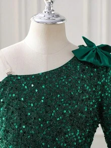 Tween Girl Elegant Sequin Patchwork Bow Decor One Shoulder Dress - Green - View 6