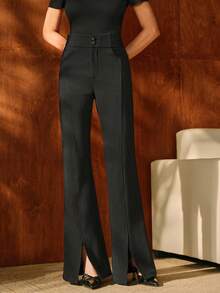 Anewsta Damen schwarze ausgestellte Hose, lässig-elegante Hose mit Beinschlitz, figurschmeichelnde Bürokleidung ausgestellte Hose, Herbst/Winter - Schwarz - Übersicht 4