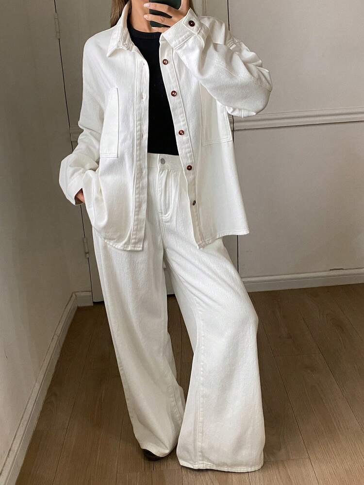 Women's Loose Denim Jacket With Collar And Straight-Leg Denim Pants Casual Denim Set