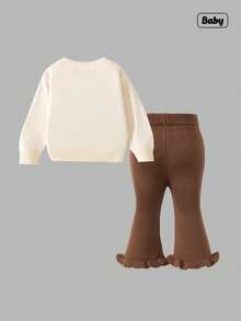 Sweetra 2pcs Baby GirlSweater Set: White Round Neck Butterfly Decor Top + Coffee Color Flared Pants, Sweet & Fashionable Baby Girl Knitted Set Baby Girl Clothes With Bow Newborn Outfit With Bow Brown Baby Girl Outfit Baby Set Autumn Winter Fall Kids Clothes Winter Outfit For Kids Autumn Clothes Autumn Clothes  Winter Clothes Baby Autumn Sweater Clothes Baby Girl Clothes With Bow For Fall Baby Set Autumn Winter Season Adorable Round Neck Baby Girls Outfit Featuring Brown Pants And Bow Embellished Sweater