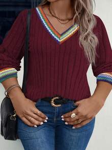 EMERY ROSE Women's V-Neck Patchwork Vintage Print Long Sleeve Plus Size Sweatshirt, Autumn/Winter - Burgundy - View 4