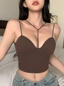 DAZY 女士吊带背心，内置衬垫胸罩，细肩带设计 - 棕色 - 查看 4