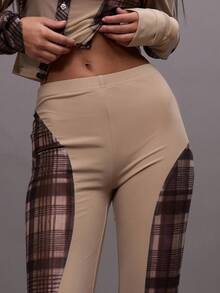 MUSERA Checkered Mesh Panel Spliced Fitted Flare Elasticated High Waist Trousers Only Autumn Fall  Night Out Going Out Streetwear Cute Back To School Sexy Summer - Multicolor - View 5