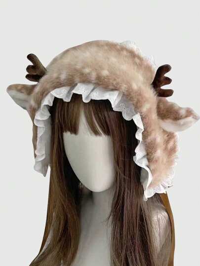 Fairycore 1 Cute Reindeer Faux Fur Winter Hat With Lace Trim And Antler Design For Warm Earmuffs