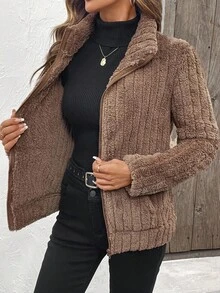 EMERY ROSE Women's Solid Color Zipper Front Casual Pockets Long Sleeve Fleece Jacket Fall Winter Cloth For Women,Brown Jacket - Brown - View 7