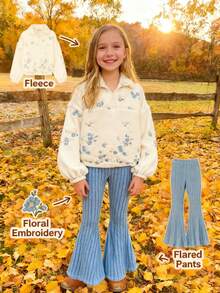 2pcs Girls Casual Autumn/Winter Set, Half-Zip High Neck Sherpa Embroidered Sweatshirt + Elastic Waist Knit Flare Pants - White - View 1