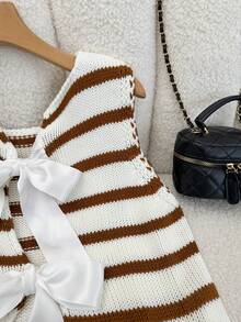 Elamini Women's Autumn/Winter Casual Knitted Vest With Bow Decor And Striped Pattern - Multicolor - View 4