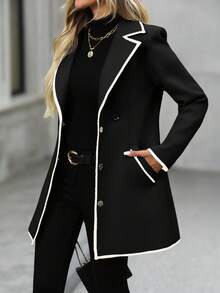 EMERY ROSE 女士秋冬翻领长袖口袋羊毛大衣 - 黑色 - 查看 1