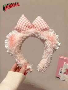 1pc Lace Bear Adorable Milk Puff Bear Ears & Pink Bow Plush Headband - Soft Polyester Lace Cartoon Hair Hoop For All Hair Types, Perfect For Face Washing & Styling, Teddy Bear Plush - Multicolor - View 9