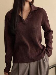 Livesso Blusa feminina folgada, casual, social, de escritório, cor sólida, de malha, patchwork, manga comprida, estilo camisa, outono