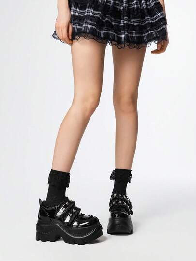 Grunge Punk Women's Y2K Punk Rock Lace-Up Chain Goth Shoes, Black Loafers, Lace-Up Mary Jane Flats, Formal Work Shoes, Platform & Wedge Heels