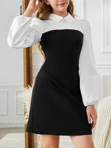 SHEIN Gaun Lengan Panjang Berkerah 2 in 1 Elegan dengan Kontras Warna untuk Remaja Perempuan yang Berpergian - Hitam dan Putih - View 8