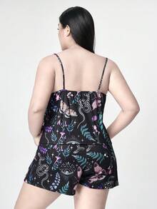 ROMWE Goth 加大码哥特式飞蛾花卉蛇植物蘑菇全身印花蕾丝边缎面吊带背心和短裤睡衣套装 - 黑色 - 查看 3