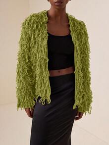 Vesra Solid Open Front Fuzzy Cardigan,Long Sleeve Tops Fall Winter Cloth For Women - Olive Green - View 3