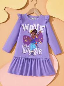 Blippi X SHEIN Young Girls' Cartoon Meekah Print Knit Round Neck Long Sleeve Ruffle Hem Dress Purple Girl Dress Cartoon Character Print Dress For Girl Long Sleeve Ruffle Dress - Purple - View 1