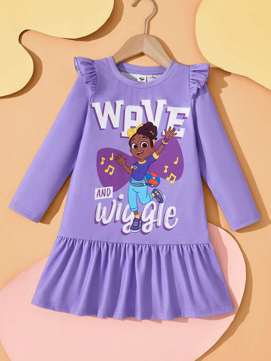 Blippi X SHEIN Young Girls' Cartoon Meekah Print Knit Round Neck Long Sleeve Ruffle Hem Dress Purple Girl Dress Cartoon Character Print Dress For Girl Long Sleeve Ruffle Dress - Purple - View 1