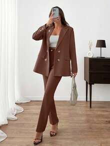 EURMUSE Ensembles de costumes pour femmes de couleur unie, veste blazer et pantalon avec détails de strass et boutons devant - Tabac - Voir 7