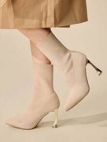CUCCOO BASICS Women's Pointed Toe Daily Wear High Heel Ankle Boots - Apricot - View 5