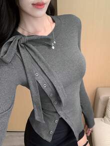 DAZY 女式圆领修身长袖休闲T恤 - 深灰色 - 查看 4