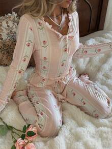CottageSlumber 玫瑰图案荷叶边领抽绳蝴蝶结舒适修身女士睡衣套装 - 粉色 - 查看 3