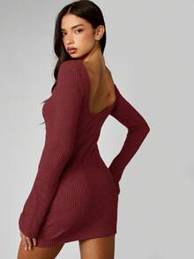 MISSGUIDED Ribbed Knit Long Sleeve Bodycon Mini Dress Off Shoulder Fall Winter Sweater Dress Christmas - Burgundy - View 2