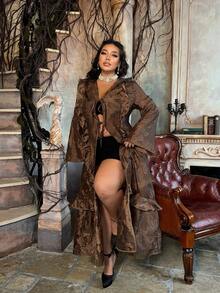 Lyrianda Plus Size Cutout Ruffle Hem Long Sleeve Dress - Brown - View 5