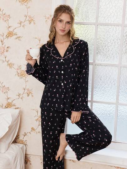 CottageSlumber CottageSlumber Women's Floral Bubble Ruffle Collar Cardigan And Pants Pajama Set