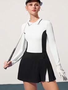 CourtClass Damen Farbblock Polokragen Langarm Top und Mini Rock Golf Outfit - Schwarz und Weiss - Übersicht 8