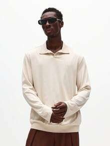 SUMWON 罗纹长袖 Polo 衫，带领设计，适合日常休闲穿着，春夏衣橱必备单品，男士长袖 Polo 衫，男士针织衫，男士纽扣针织 Polo 衫，纯色款 - 杏色 - 查看 5