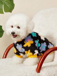 PETSIN 1pc Pet Cat Dog Universal Color Flower Pattern Printed Cute Double Sided Elastic Plush Comfortable Warm Dog Round Neck Hoodie