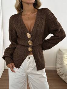 Easowa New Autumn Casual Dropped Shoulder Cinched Waist Elegant Cardigan For Women Button Up Cardigan Brown Sweater Coffee Brown Top Brown Cardigan Chocolate Brown Top,Fall,Fall Clothes For Women,Winter Clothes For Women - Coffee Brown - View 2