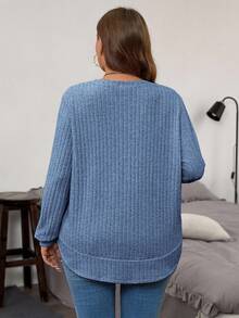 EMERY ROSE Plus Size Women's Dusty Blue Autumn Ribbed Knit Long Sleeve T-Shirt,Everyday Smart Casual V-Neck Loose Solid Color Top Sweater - Navy Blue - View 2