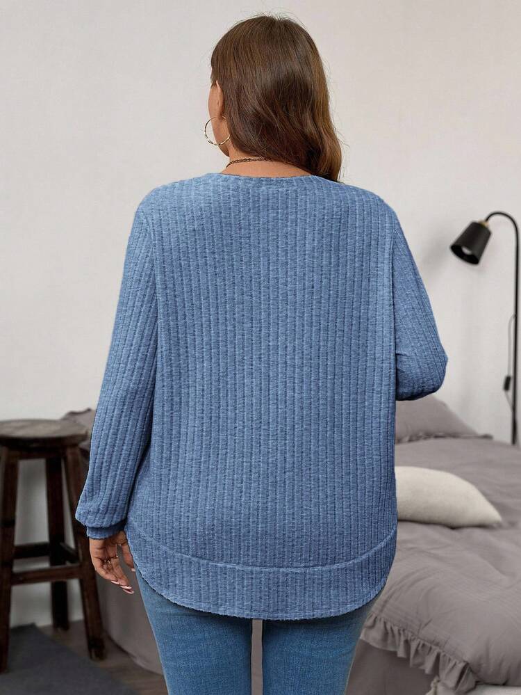Plus Size Women's Solid Color V-Neck Long Sleeve Ribbed Casual Loose T-Shirt Plus Size Blue Tops Plus Size Blue Ribbed Knit T Shirt Blue Sweater Ribbed Knit Top Blue Long Sleeve Top