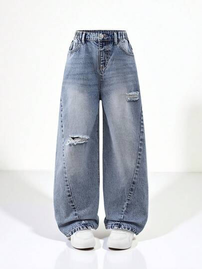 SHEIN 青少年女孩宽松破洞牛仔裤，浅蓝色牛仔布，Y2K 美学，休闲舒适，适合学校、郊游、派对、旅行、返校季、秋季新品系列