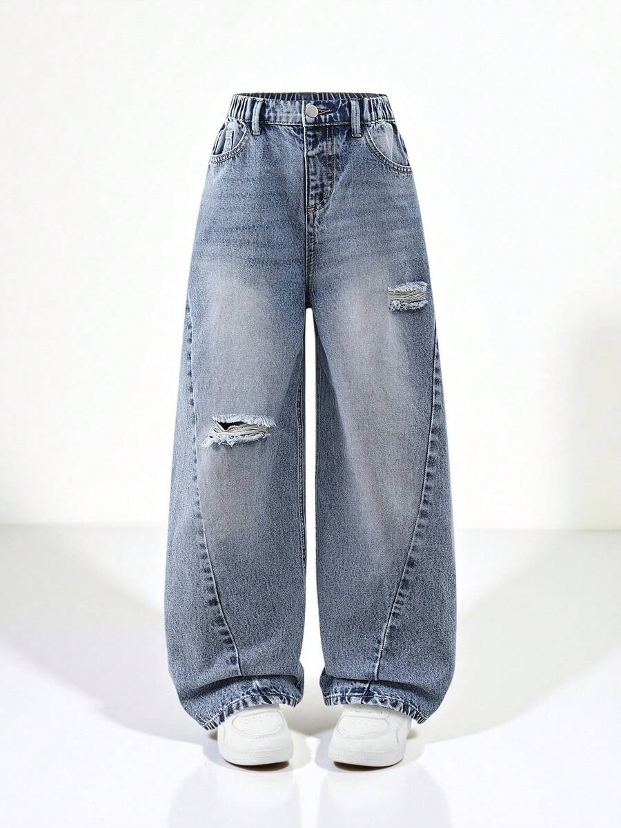 SHEIN Tween Girls Loose Fit Distressed Jeans, Light Blue Denim, Y2K Aesthetic, Casual & Comfortable, Suitable For School, Outings, Parties, Travel, Back To School Season, New Autumn Collection Tweens Distressed Wide Leg Jeans Tweens Distressed Wide Leg Jeans Tweens Wide Leg Jeans Girls Distressed Wide Leg Jeans Baggy Jeans For Teen Girls Teen Girls Baggy Jeans - Medium Wash - View 1