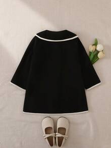 Elladie kids 1件女童舒适休闲优雅撞色领纽扣前袋长袖外套，适合秋冬季日常穿着 - 寶藍色 - 查看 2