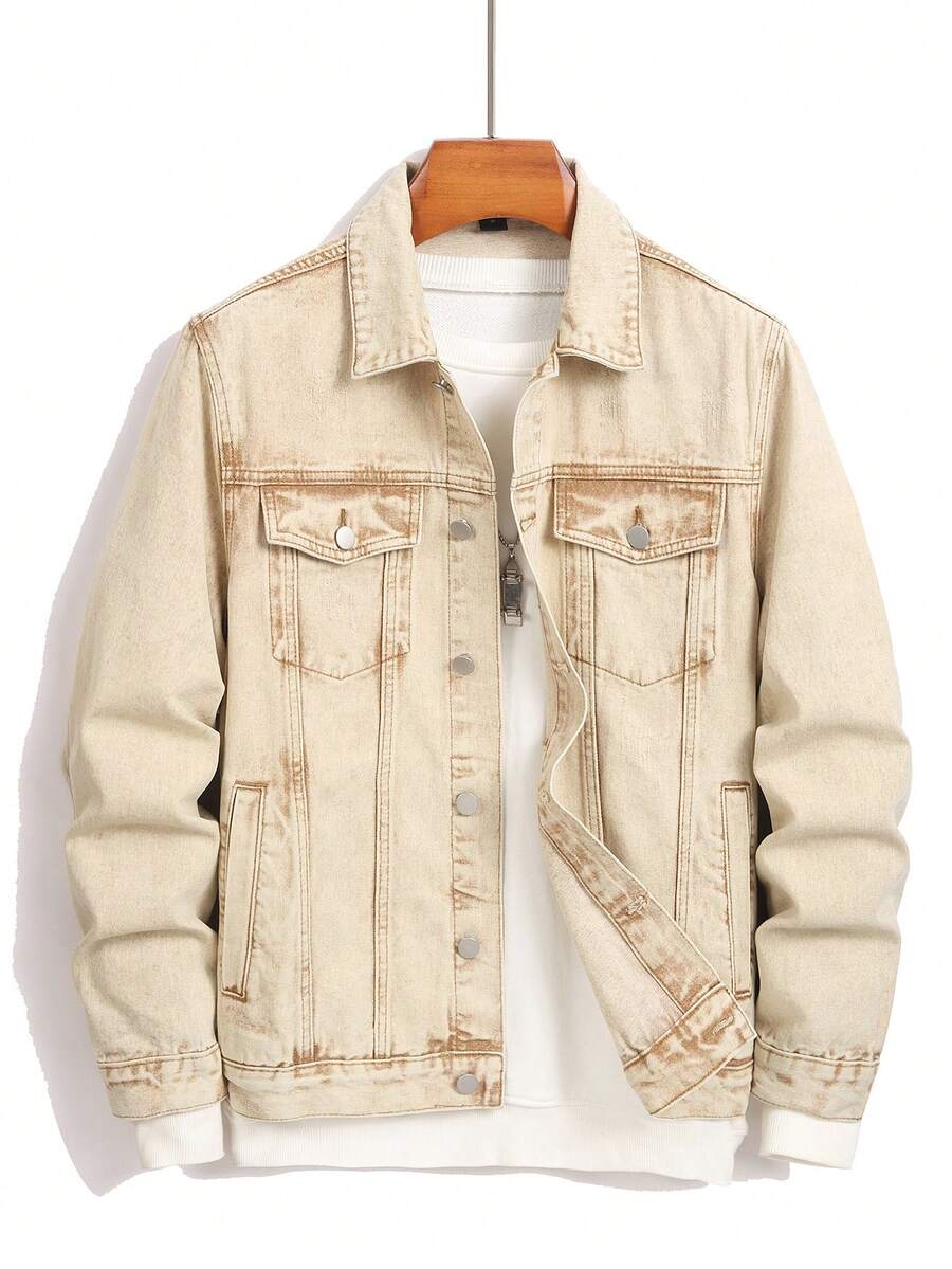 Manfinity Homme Men's Casual Denim Long Sleeve Jacket, Street Fashion Style Beige Jacket - Apricot - View 1