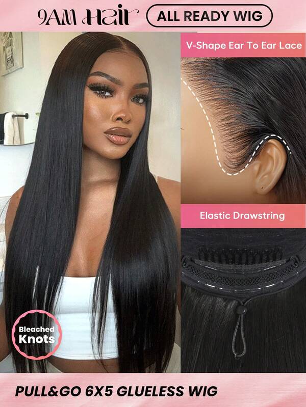 ALL READY WIG Pull & Go Glueless Wig Pre Plucked&Bleached 6*5 Straight Lace Closure Wig Invisi-Drawstring Pre-Everything Human Hair Wig