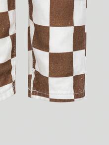 SHEIN Denimly Baby Girl Casual Outdoor Collegiate Fashion Versatile Elastic Waist Plaid Washed Denim Pants Checkered Jeans Baby Checkered Pants Girls Checkered Pants Baby Girl Checkered Pants - Brown - View 3