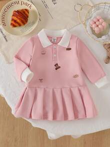 SHEIN Playful Pals 女婴粉色小熊印花长袖翻领连衣裙，甜美时尚，舒适百搭，适合日常穿着，春秋季 - 粉色 - 查看 4
